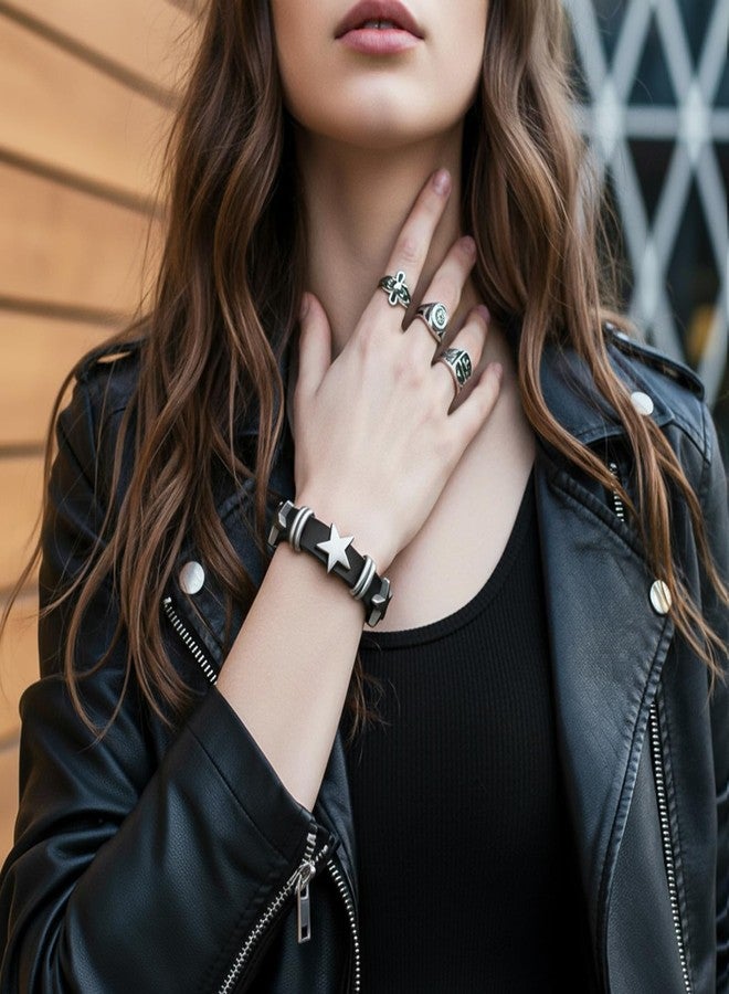 BOHUIZ Punk Leather Bracelets, Rock Alloy Star Studded Bracelet Belt, Vintage Leather Cuff Wristband with Belt Buckle Gothic Rock Bracelets Black Cuff Wristband for Women and Men(Black) - Image 4